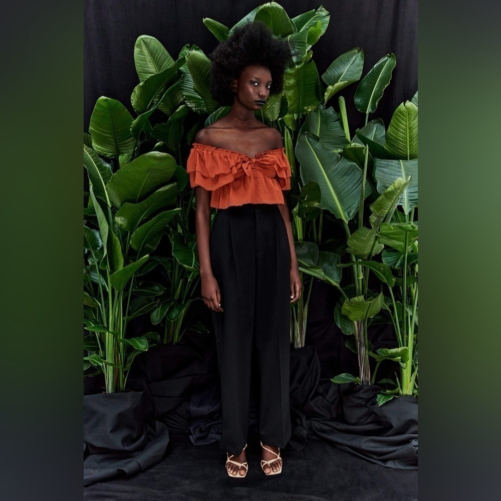 Zara Rust Orange Ruffled Off-Shoulder Crop Top - Picture 7 of 8